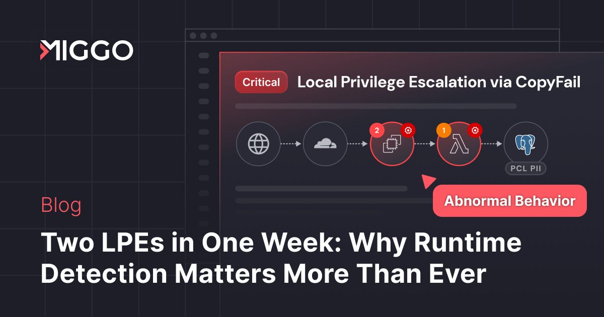 MiggoSecurity's tweet photo. Two critical Linux LPEs in one week. That's not normal.

Copy Fail (CVE-2026-31431) disclosed April 29. Dirty Frag followed a week later, built specifically to bypass Copy Fail's mitigations.

One 732-byte Python script. Runs unmodified on virtually every major Linux distro since 2017. No race conditions. No kernel offset guessing. Just root.
AI-assisted research compressed the entire discovery pipeline to under an hour. The patch cycle can't keep up.

Miggo catches both, not by signature, but by detecting anomalous system call sequences at runtime. Coverage that doesn't depend on knowing the CVE in advance.

Full breakdown:
https://t.co/Vsskz3c05r

#RuntimeSecurity #AppSec #Linux