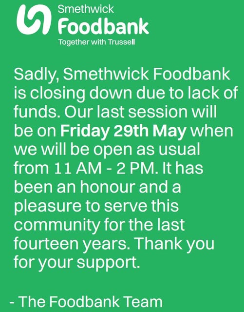 SmethwickFoodba's tweet photo. Sadly, Smethwick Foodbank is closing down due to lack of funds. Our last session will be on Friday 29th May when we will be open as usual from 11 AM - 2 PM. It has been an honour and a pleasure to serve this community for the last fourteen years. Thank you.
- The Foodbank Team https://t.co/DJvcsXDvia