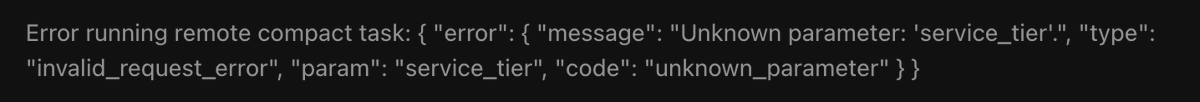 s_engtech's tweet photo. There’s a compaction issue with the Codex (desktop) app when using a Microsoft Foundry API key. Is there any ETA for a fix? @TheRohanVarma @thsottiaux @ajambrosino https://t.co/ggwipsBTy8