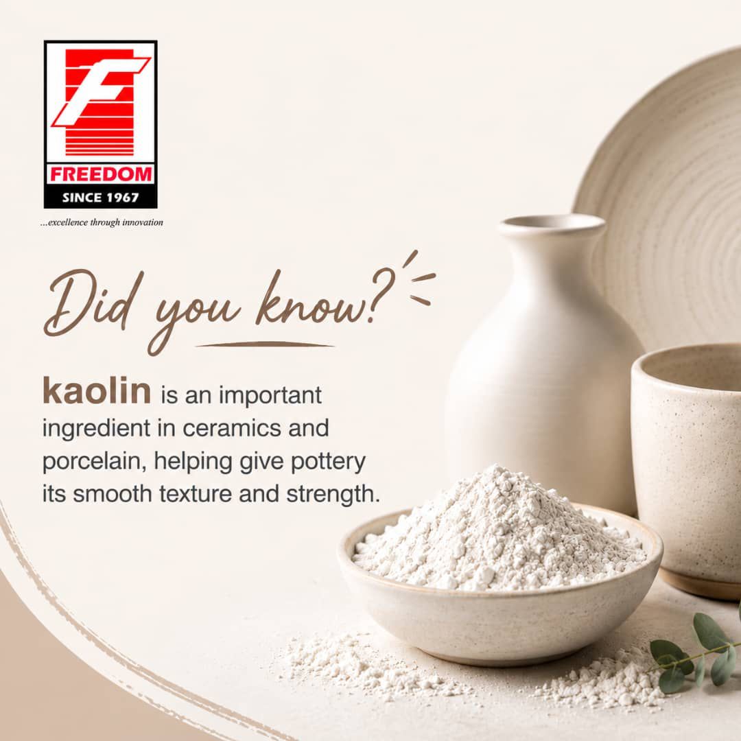 FREEDOMMINERAL's tweet photo. Did you know? 🤔

Ceramics and porcelain products achieve their smooth finish, durability, and strength largely because of an important raw material known as kaolin.

#Pottery 
#Kaolin 
#IndustrialMining 
#PotteryEssentials 
#TheFreedomGroup 
#Africa'sLeaderInIndustrialMinerals https://t.co/XM2XK0y4Lt