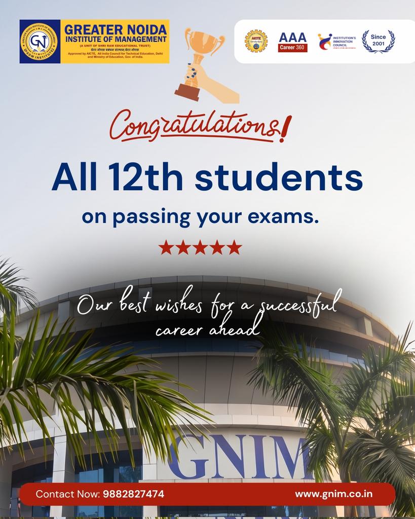 gnimofficial's tweet photo. Your hard work paid off. 🎉 

Congratulations to every student who cleared their 12th CBSE exams, this is just the beginning of something incredible.

#congratulations #cbseresult2025 #class12results #pgdm #mba #greaternoidainstituteofmanagement #gnim #futureleaders #management https://t.co/oi8TSvUixp