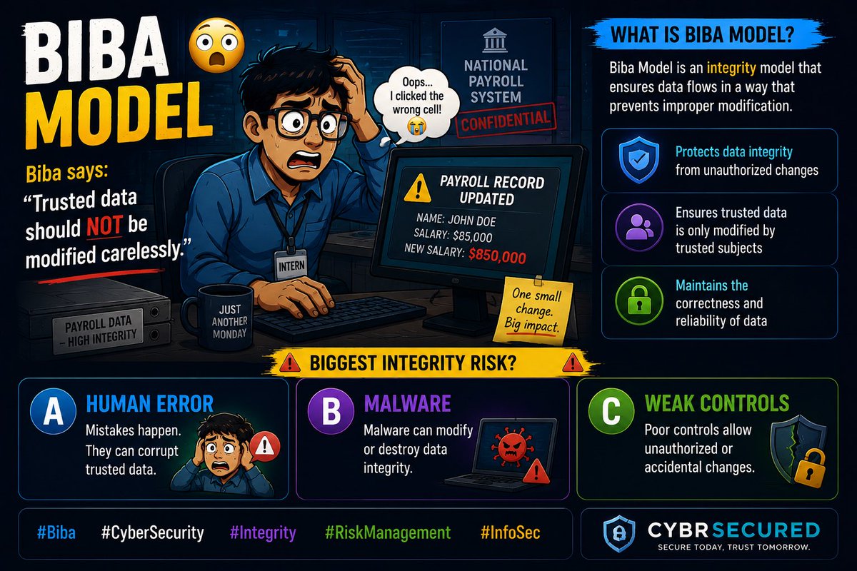 cybrsecured's tweet photo. Biba Model 😳
Biba says:
“Trusted data should NOT be modified carelessly.”
Imagine:
Intern accidentally editing national payroll 😭
Biggest integrity risk?
A) Human error
B) Malware
C) Weak controls
#Biba #CyberSecurity #Integrity #RiskManagement #InfoSec https://t.co/my0NRS4G0I