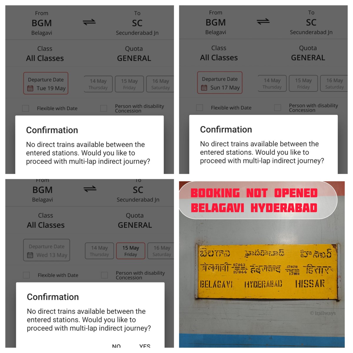Hulikavishri's tweet photo. Sir @RailwaySeva 1st Trip of 17072 #Belagavi #Hyderabad Service Begains 15-05-2026 But Reservation Still Not Update in Web Site
@SWRRLY @drmubl madam why
@SCRailwayIndia @drmhyb @drmsecunderabad officials Booking Started
@JagadishShettar @JoshiPralhad
#SWRRLY https://t.co/DvxuqSQ8U8