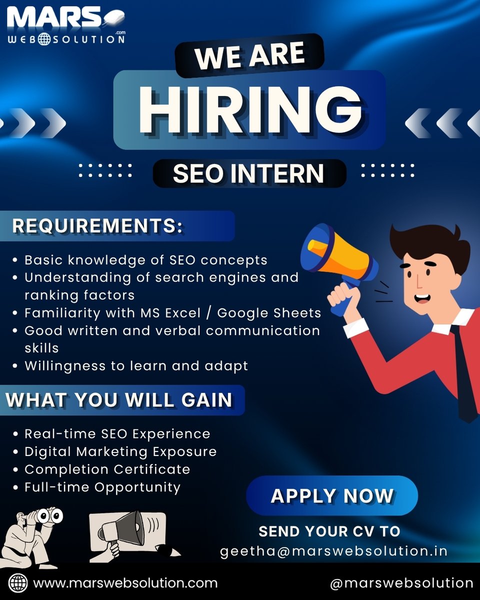 Mars_Web's tweet photo. Kickstart your digital marketing career with @Mars_Web.

We are hiring passionate and enthusiastic SEO Interns who are eager to learn, grow, and gain real-time industry experience. 
📩 Send your CV to: geetha@marswebsolution.i https://t.co/SASchBQ3VS