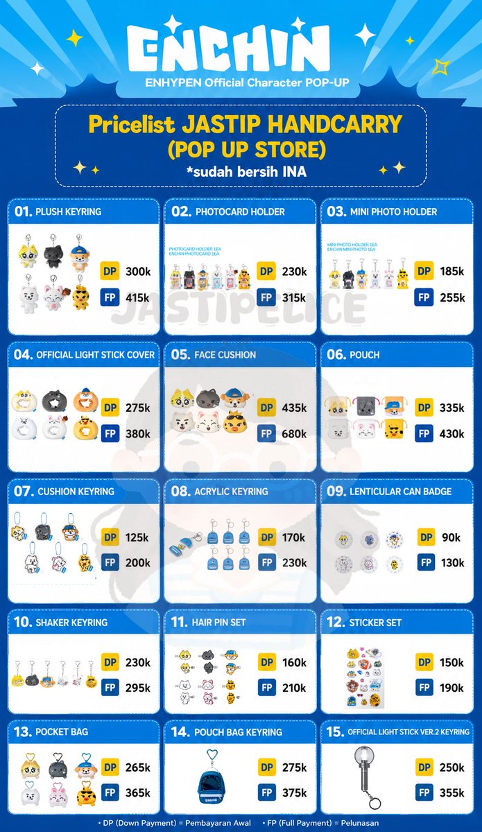 Jastipelice's tweet photo. OPEN JASTIP OFFLINE / ONLINE ENCHIN POP UP STORE ENHYPEN OFFICIAL 

💸 Price on pict
✅ GO WA
✅ Handcarry (est eta ina 31 may)
✅ PO CO WEB
📍Jakarta 

📩 WA 0822-1321-4899 for order 🫶🏻 

PO GO WH INA KOREA KR INDO
t. wts want to sell jastip handcarry enchin pop up store enhypen https://t.co/JppmyDMSB4