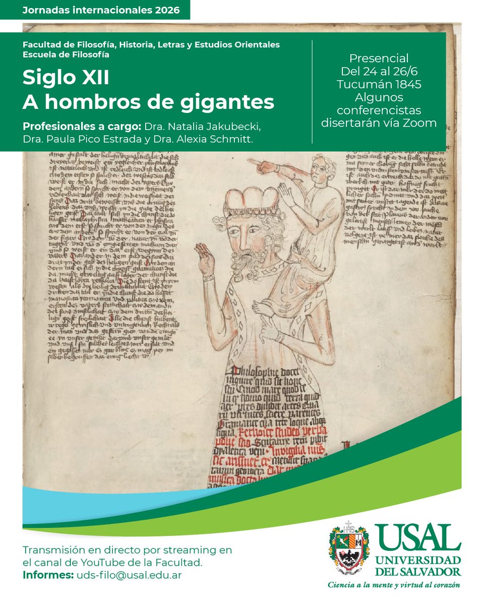 USAL_FLEO's tweet photo. Jornadas Internacionales 2026 en la USAL: “Siglo XII. A hombros de gigantes”. Organizan la Facultad de Filosofía, Historia, Letras y Estudios Orientales y la Escuela de Filosofía. Del 24 al 26/6. Presencial y con transmisión vía streaming. #USAL #Filosofía https://t.co/n45rhY07Mb