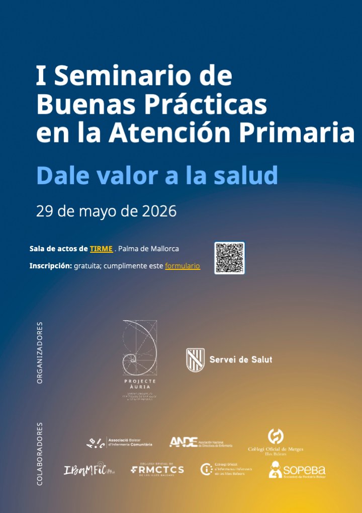 IBSalut_'s tweet photo. 🩺 Participa en el I Seminari de Bones Pràctiques a l’Atenció Primària.

Parlarem de perquè, en salut, no sempre més és millor.
 
📅 29 de maig a Palma. 
👐Oberta a professionals i pacients.

✅ Inscripcions: https://t.co/KLiUgTiZIM

#AtencióPrimària #NoHacer #ProjecteÀuria https://t.co/y6G6xerHtE