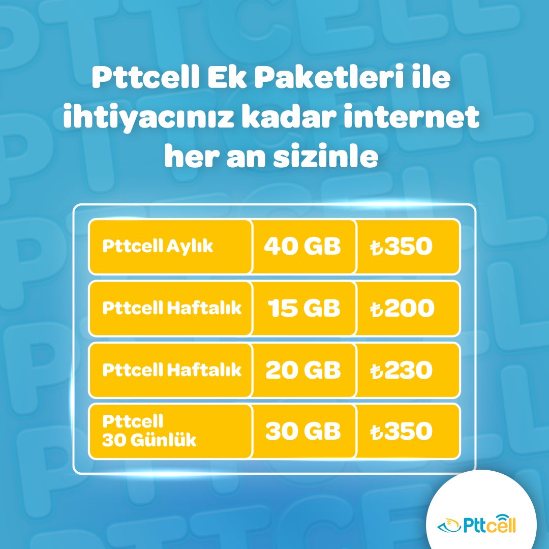 PTTCELL's tweet photo. Pttcell Ek Paketleri ile ihtiyacınız kadar interneti dilediğiniz an aktif edin, kullanımınıza kaldığınız yerden devam edin!
 
#Pttcell #PttcellHerkeseYeter https://t.co/uHcCLnYX9G