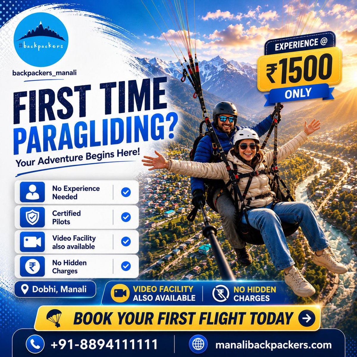 Manalibackpack's tweet photo. 🪂 First time paragliding? Your adventure begins in Manali! 

✅ No experience needed 
✅ Certified pilots 
✅ Video facility available

💸 Just ₹1500 at Dobhi, Manali 

📞8894111111  
🌐 https://t.co/rnYKoMIhL4

#Paragliding #Manali #AdventureTravel #FlyHigh #BackpackersManali https://t.co/aEp5c1zMdz