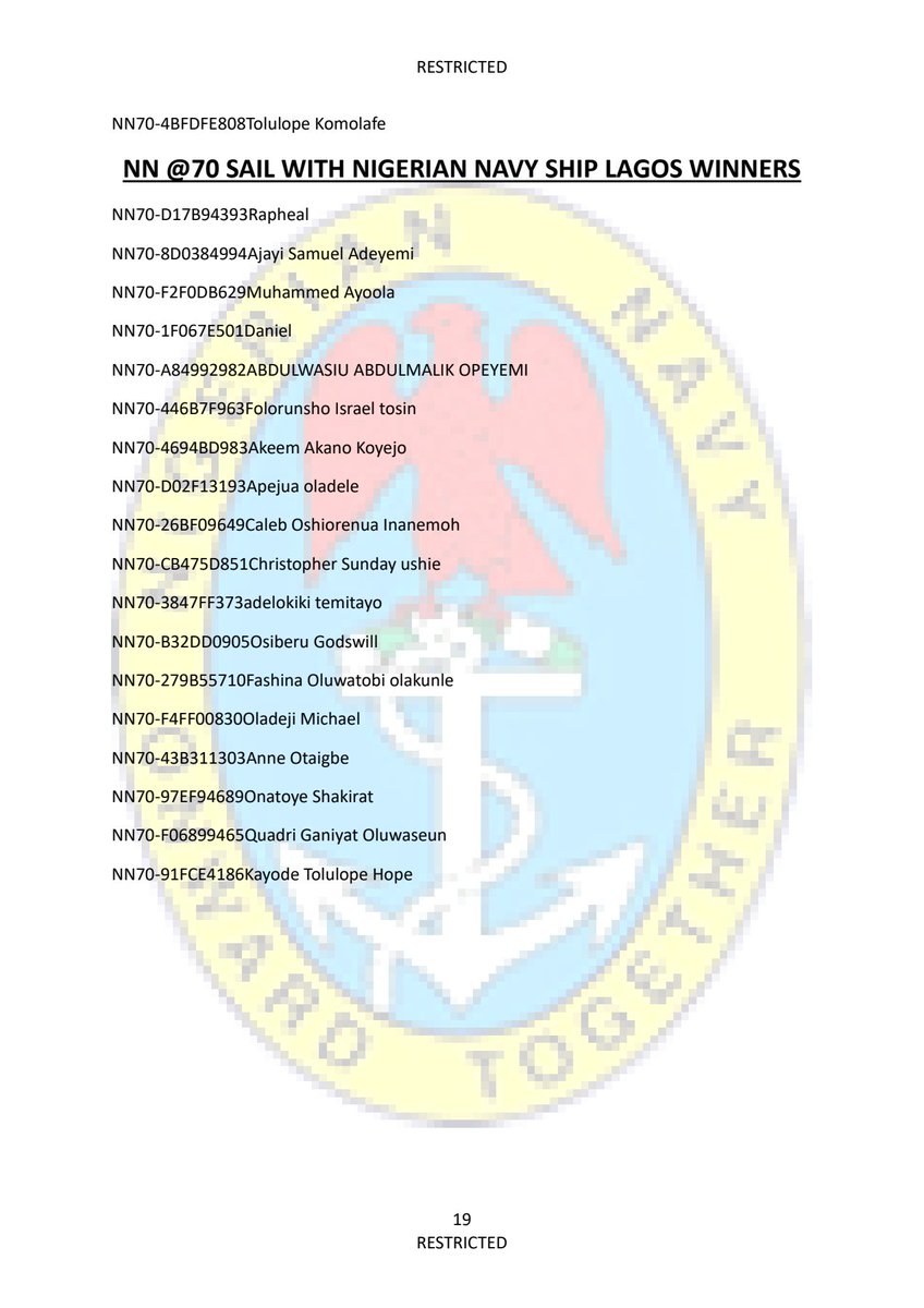 NigerianNavy's tweet photo. The list of winners to Sail with Nigerian Navy in Lagos at Nigerian Navy Ship Beecroft, Apapa on 25 May 2026 is attached. More details will follow. Final List of winners. Congratulations !

#NN70
#SailwithNavy70
#NigerianNavy
#OnwardTogether
#NigerianNavyAnniversary https://t.co/UWYJ2Sg89h