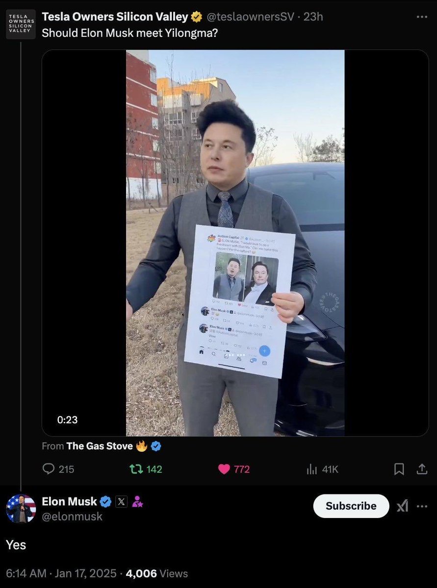 Dex_s0l's tweet photo. People are underestimating how realistic an Elon x Yilong Ma meeting actually is.

Elon is one of the most meme-aware billionaires on earth.
He constantly interacts with viral internet culture, especially when it involves his own image.

Yilong Ma is not just a random clone meme anymore.
In China, he already became a recognizable internet character directly tied to Tesla, Doge culture and Elon himself.

The story is simply too perfect:
• Elon visiting China
• his Chinese “spiritual twin” going viral on TikTok
• millions of views
• global meme potential
• free internet-breaking marketing

And the craziest part?
Elon already acknowledged him publicly.

At this point, a meeting wouldn’t even feel random.
It would feel inevitable.

The internet already wrote the script.

$YILONG GWqpTt7kwzmEEdLDgZiaiLRQByf3pLJEWAtc9G2RFpdn