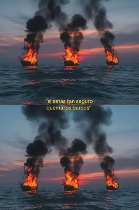 RensRDev's tweet photo. La frase "quema los barcos" se usa como metáfora v tiene su origen en una historia antigua: cuando un conquistador llegaba con su ejército a un nuevo territorio, ordenaba quemar los barcos en los que habían llegado para evitar la posibilidad de regresar. https://t.co/raDrUZlhll