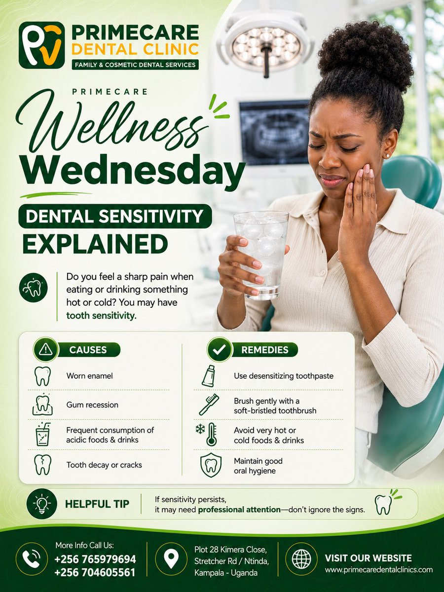 PRIMECARE_UG's tweet photo. Do you feel a sharp pain when eating or drinking something hot or cold? You could be experiencing tooth sensitivity.

Understanding the causes and taking simple steps can help protect your smile and keep you comfortable every day.

#PrimecareDental #WellnessWednesday https://t.co/m5bVwEOAN8