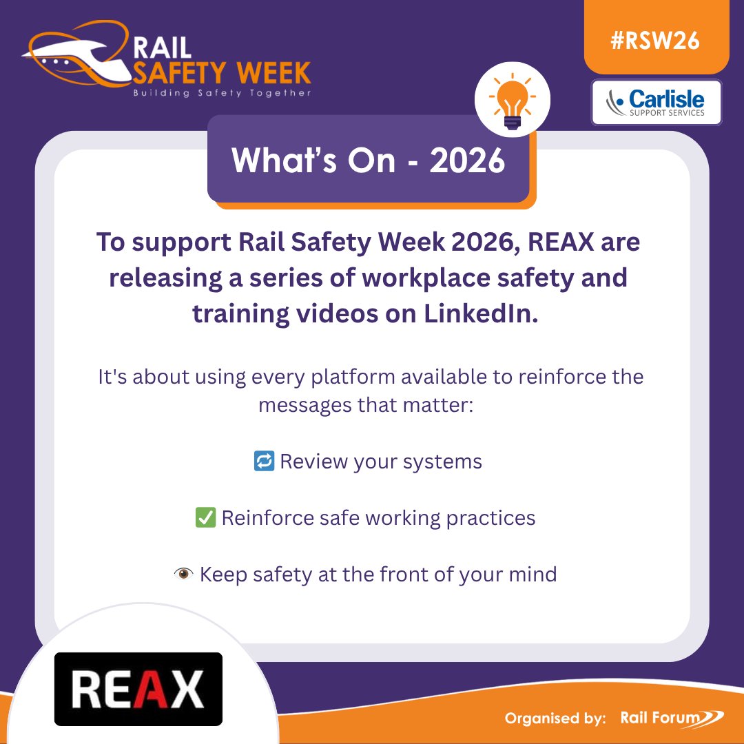 RailSafetyWeek's tweet photo. 🎬 WHAT'S ON | REAX | #RSW26

REAX are releasing a series of workplace safety and training videos on LinkedIn.

We're thrilled to have REAX's support for #RSW26.

📋Submit your What's On entry: https://t.co/9wgIApSwlv https://t.co/hn5C8nfjpM