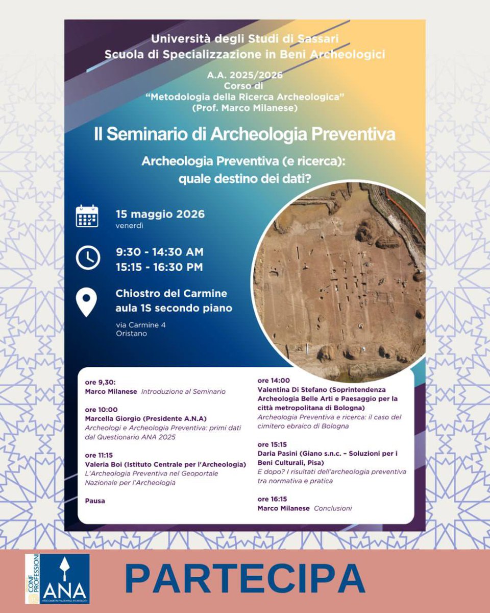 Archeologi's tweet photo. 🔵 Ana Partecipa 🔵

📣  "Archeologia Preventiva (e ricerca): quale destino dei dati?"

📆 Venerdì 15 maggio 2026
⏰ dalle ore 09:30
📍 Chiostro del Carmine, aula 1S secondo piano- Oristano
Leggi tutto👇🏽
https://t.co/GKADmvGjFe https://t.co/tFFAHgBaSv