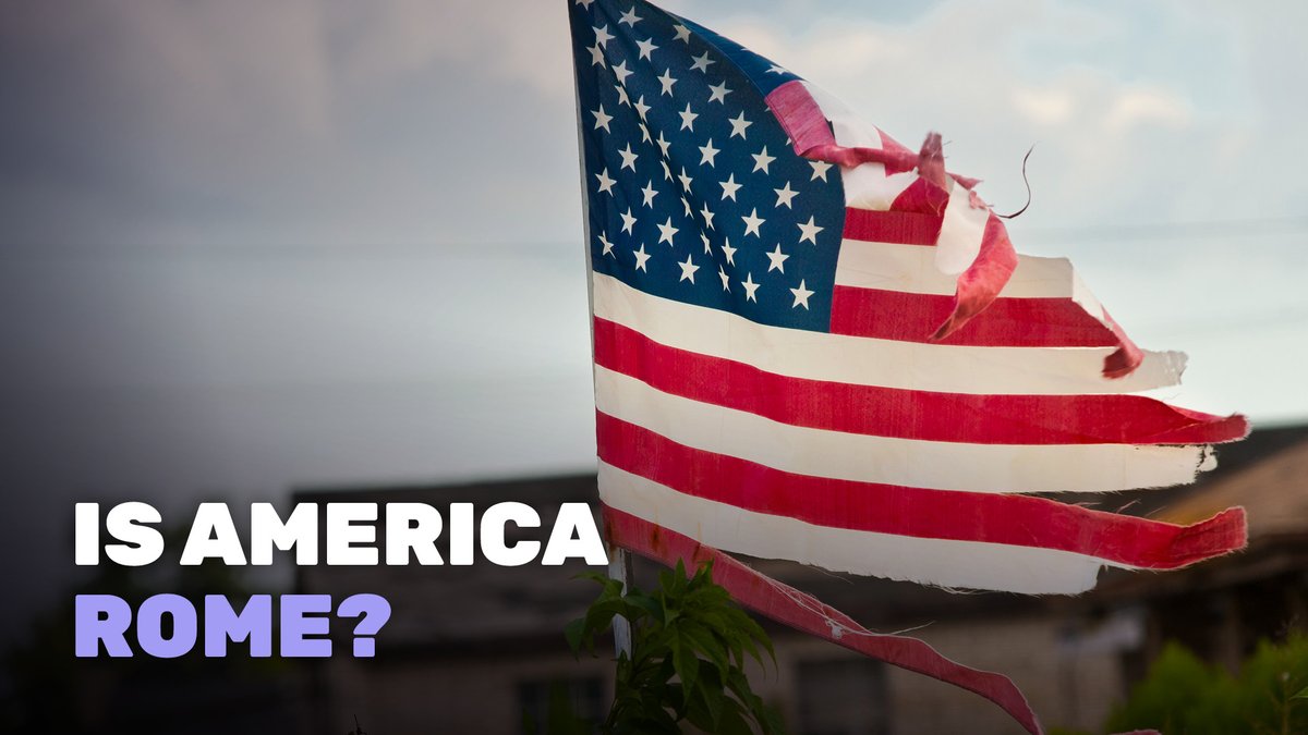 A torn and weathered American flag waving against a cloudy sky, with the text 'IS AMERICA ROME?' displayed in the bottom left corner.