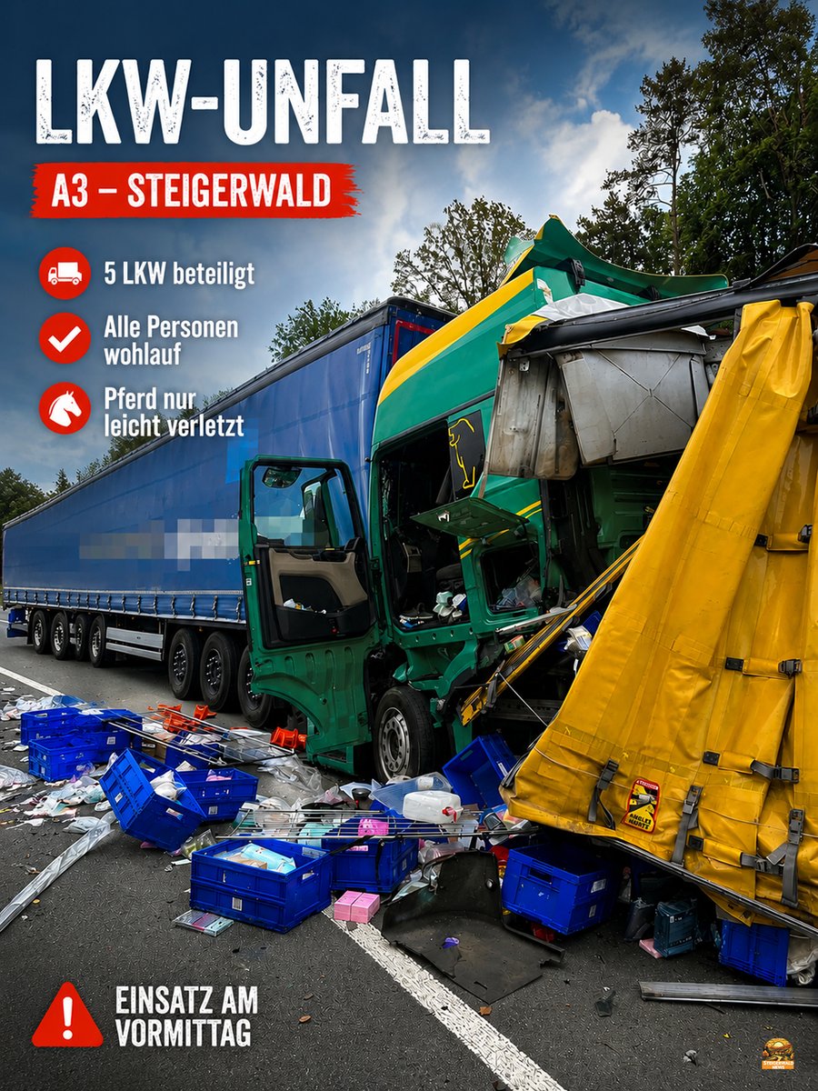 SteigerwaldNews's tweet photo. Unfall mit 5 Lastwagen auf der Autobahn A3 am 13.05.2026.

Mehr dazu hier:
https://t.co/d3IS0ITMxd

#lkw #unfall #polizei #feuerwehr #a3 #autobahn #steigerwald #höchstadt https://t.co/b3laLa2kVS