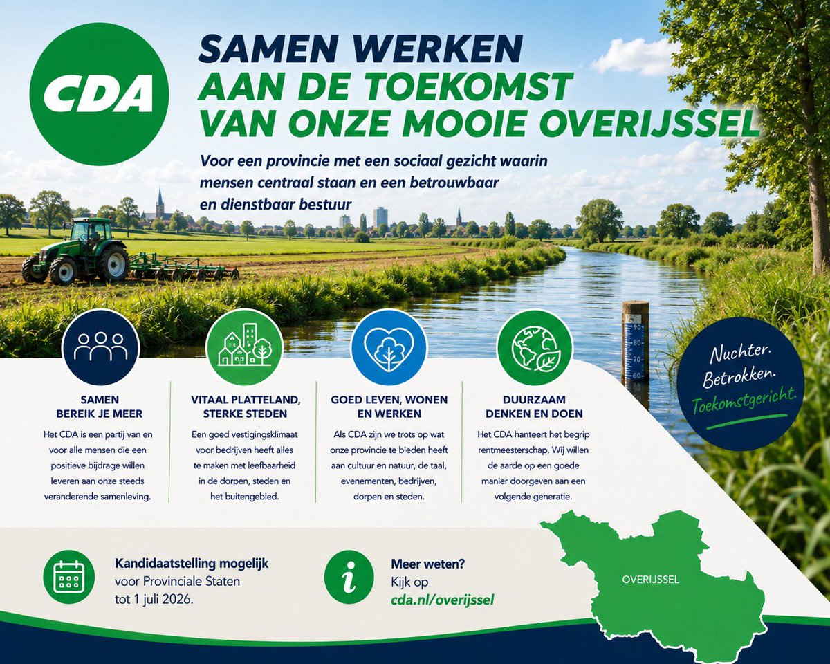 CDAOverijssel's tweet photo. Wil jij je inzetten voor Overijssel, voor sterke dorpen en steden, voor boeren, ondernemers, gezinnen en vrijwilligers voor natuur die toekomst heeft in een provincie waar mensen zich thuis voelen? Dan is het CDA op zoek naar jou!
Als CDA-Statenlid maak je verschil. Je staat midden in de samenleving en werkt aan een provincie die leefbaar blijft, nu en voor volgende generaties. Dat doe je vanuit onze waarden: verantwoordelijkheid, solidariteit, rentmeesterschap en gerechtigheid.
Wil je meer weten?
https://t.co/ywWa5HXmWJ