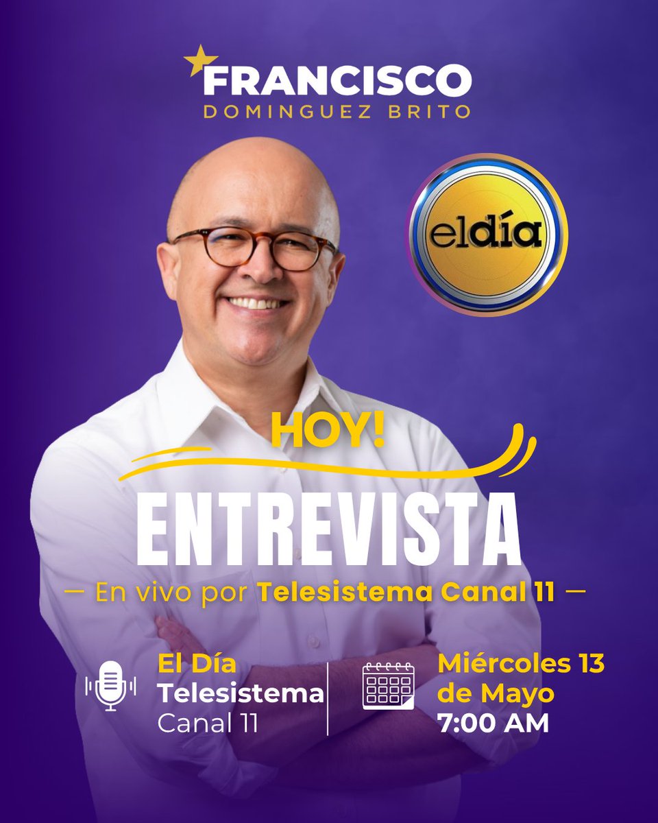 DominguezBrito's tweet photo. Hoy, entrevista en @ElDia_RD  a las 7:00 a.m. por @telesistema11rd. ¡Espero tu sintonía!

#Francisco #DomínguezBrito #Entrevista https://t.co/Pw8M5wRe0Y