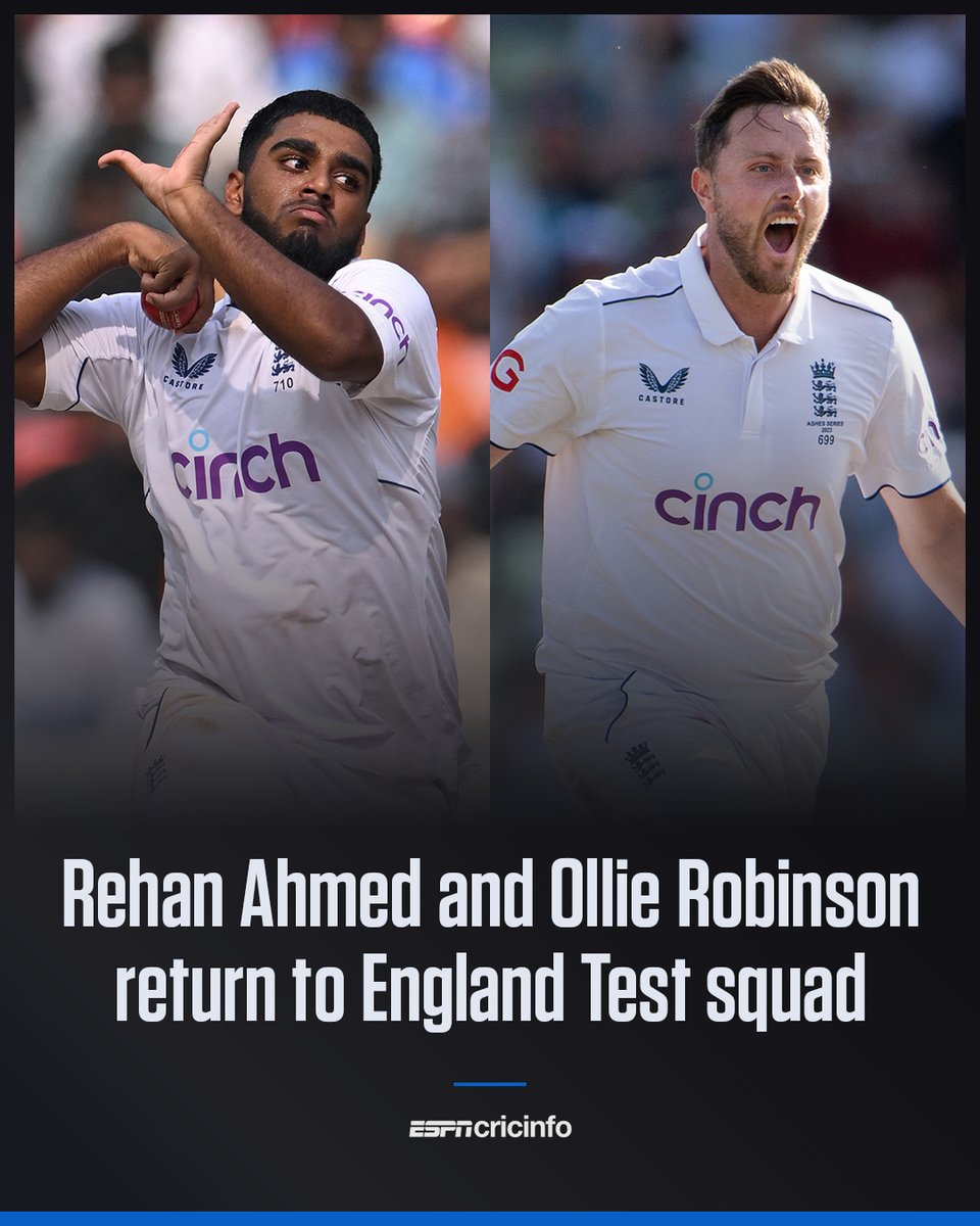 cricinfo's tweet photo. Ollie Robinson last played for England on their tour of India in early 2024, while Rehan Ahmed played the most recent of his five Tests in October 2024 against Pakistan  🏴󠁧󠁢󠁥󠁮󠁧󠁿 https://t.co/zieiLNuYze
