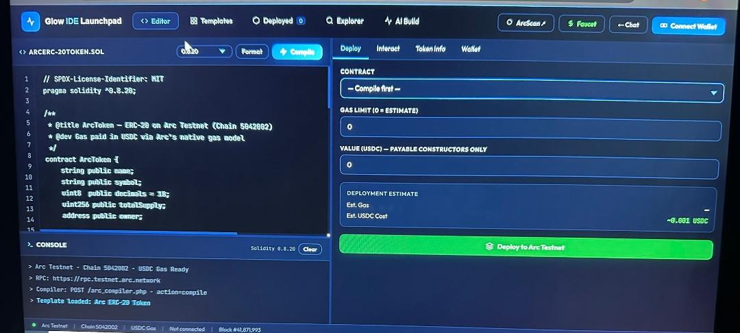 anointingw3b's tweet photo. What we’ve built is a fully integrated workspace tailored specifically for the @arc ecosystem. When a developer opens Glow IDE, they don't have to configure anything. They are immediately greeted by a clean workspace and an AI assistant that actually understands Arc's architecture and its native USDC gas model.

The workflow is incredibly simple. A developer can ask the AI to write a specific contract, such as "USDC payment splitter or an ERC-20 token". The code is generated instantly. They can then pull that code right into our built-in Solidity editor, compile it directly in the browser, and deploy it straight to the Arc Testnet.

We’ve integrated the wallet dashboard right into the UI. Users connect their wallet, their USDC balance shows up, and they can deploy contracts or interact with them without ever leaving the page. We even built an internal explorer to check transaction hashes and block confirmations in real-time.

@circle