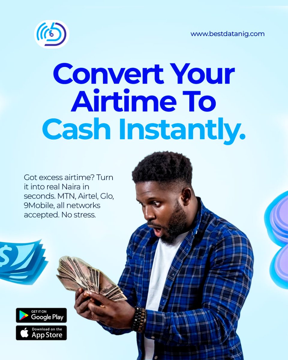 BestDataNG1's tweet photo. 📲 Airtime → 💰 Cash. Instantly.
No delays. No stress. Just BestDataNig doing what we do best.
Easy pizzy — your money, your way. 🚀
Link in bio. Go convert now!
#BestDataNig #AirtimeToCash #InstantWithdrawal https://t.co/aqAoB85ReE