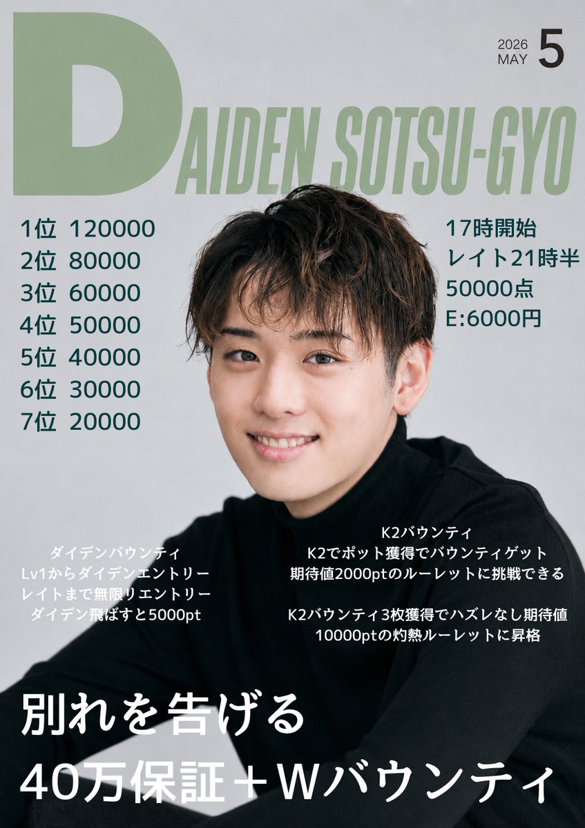 OJARUMARUnakame's tweet photo. 5/16 ダイデン卒業します🌸

ダイデンキン卒業トナメ🎓
爆裂40万保証＋α💥

このツイートを引用RTで1stE
🌸1名無料招待
🔥4名半額招待

中目黒を支え続けたこの男の勇姿を、ぜひ見にきてください🥹

📅 5月16日（土） 
⏰ START 17:00〜 
⏰ LATE REGIST 〜21:30
💰 ENTRY 6,000円

👑 PRIZE 400,000pt 
┃🥇 1位120,000pt 
┃🥈 2位80,000pt 
┃🥉 3位60,000pt 
┃🎖 4位50,000pt 
┃🎖 5位40,000pt 
┃🎖 6位30,000pt 
┃🎖 7位20,000pt 

爆裂❣️Wバウンティ🪙
ダイデンキン飛ばすと5000pt❣️

K2でポット獲得で2000pt期待値のルーレットを回せるK2バウンティ❣️

K2バウンティ3枚確保でハズレなし、10000期待値の灼熱ルーレットに昇格🔥
