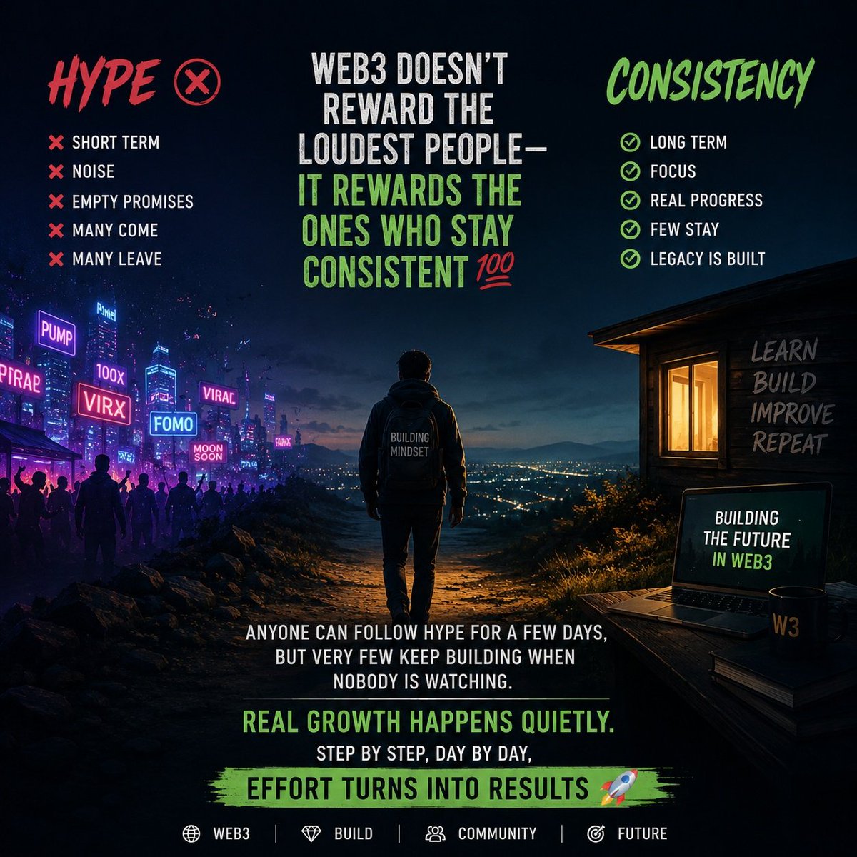 Km_shah_11's tweet photo. Web3 Doesn’t Reward The Loudest People - It Rewards Those Who Stay Consistent 💯. Anyone Can Follow Hype For Days, But Few Keep Building When Nobody Is Watching. Real Growth Happens Quietly. Step By Step, Day By Day, Effort Turns Into Results 🚀 

#Web3‌‌ #Crypto #BuildInPublic https://t.co/vOT4zhFUn0