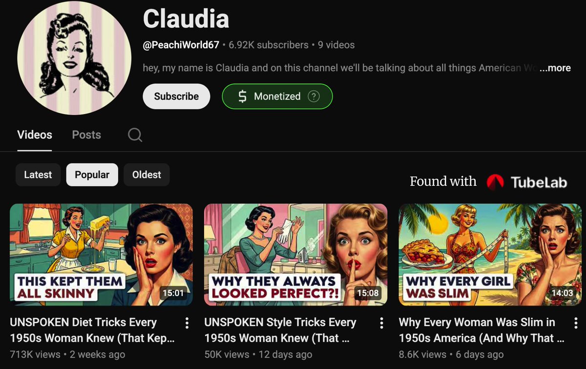 TubeLabNiches's tweet photo. 5 Faceless YouTube Niches GURUS Are Keeping To Themselves

Some of these channels are making $12K+ MONTH.

1) 1950s Women's Lifestyle | 6.7K subs | $5K/month.

The angle? What women used to do before the wellness industry took over.

Old diet tricks. Lost beauty habits. Hidden hygiene secrets.

(Bookmark this)👇🧵