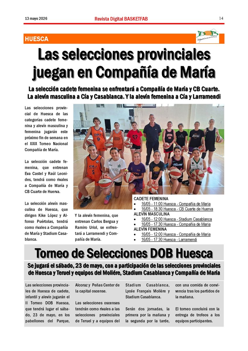 dobhuesca's tweet photo. Revista BASKETFAB (13/05/26) con la actualidad del baloncesto aragonés. Puedes descargar la Revista completa (30 páginas) a través de https://t.co/mLX7HxRllv https://t.co/K0zI9cg5GL
