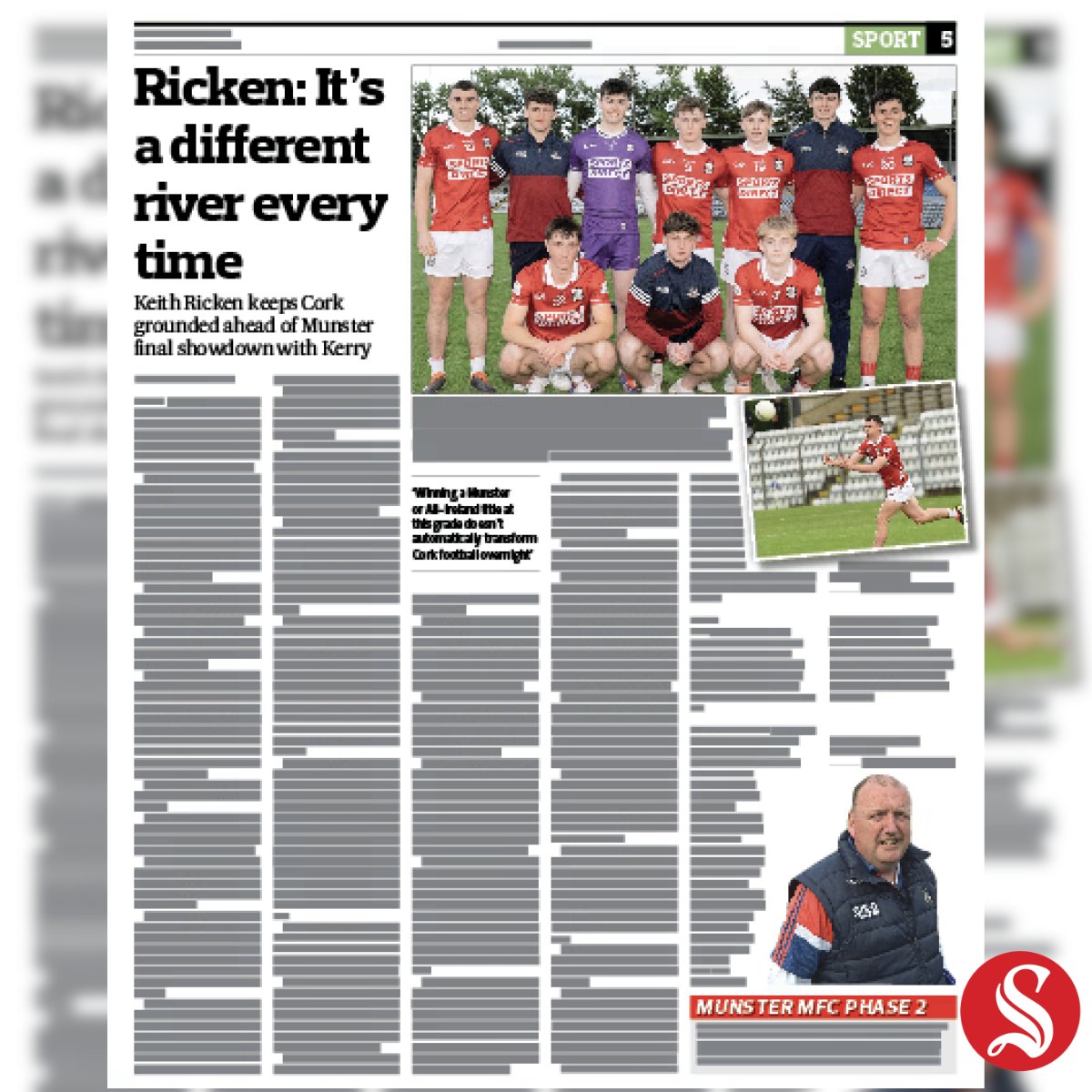 KieranMcC_SS's tweet photo. ‘Even if the same team lines out with the same players and the same style of football, it’s still a different game. It’s like stepping into the river – once you step out of it and back in again, it’s a different river. That’s football too.

Cork minor football manager Keith Ricken is always incredibly engaging - and our chat for Thursday's @SouthernStarIRL Sport ahead of the @MunsterGAA minor final against Kerry is no different. Worth checking out.

Subscribe ➡️ https://t.co/mbEQDeAImm
