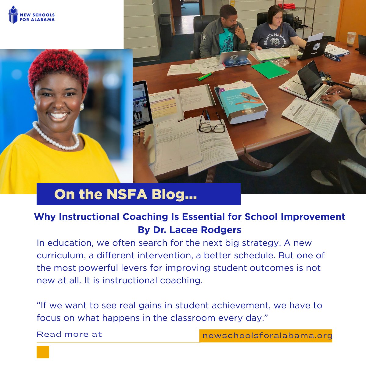 AlabamaNew's tweet photo. On the NSFA blog, Dr. Lacee Rodgers shares why instructional coaching is essential to improving teaching and student outcomes. Read it here: https://t.co/5bpvNWqkZy https://t.co/XOk5tPxJy7