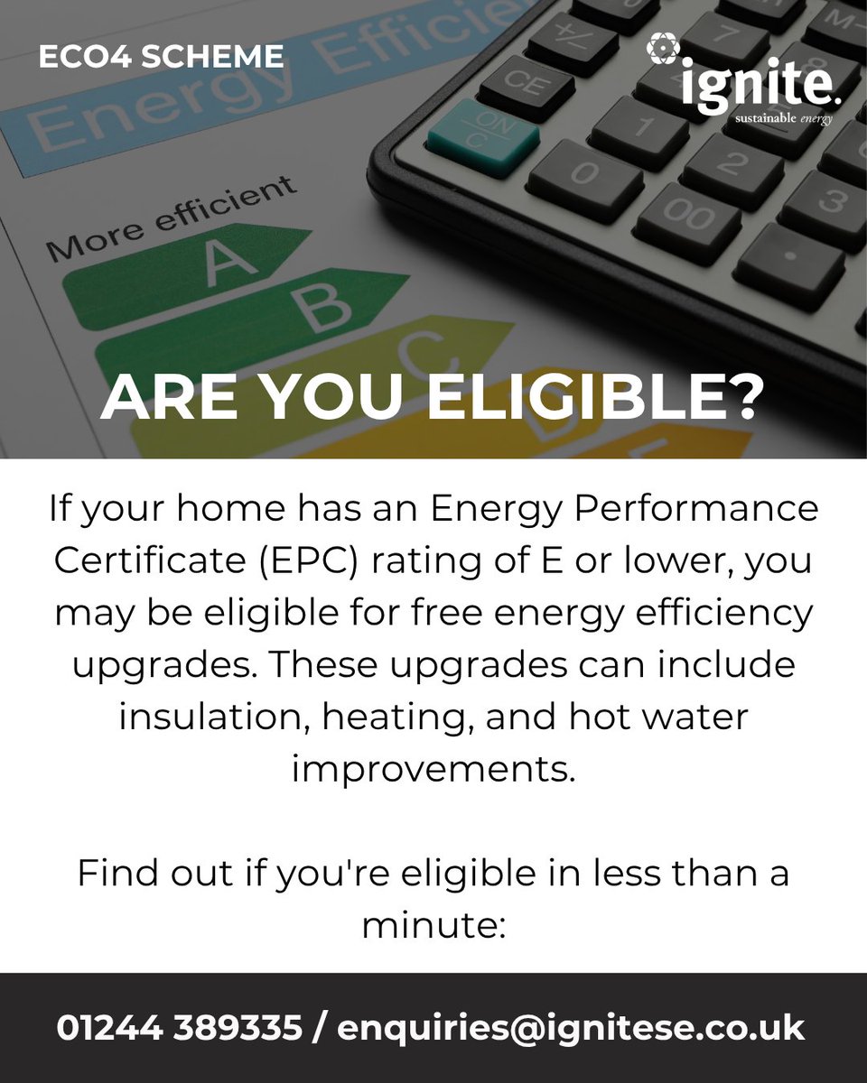 IgniteSELTD's tweet photo. If your home has an Energy Performance Certificate (EPC) rating of E or lower, you may be eligible for free energy efficiency upgrades.

These upgrades can include insulation, heating, and hot water improvements. https://t.co/ptb6cOkAhp