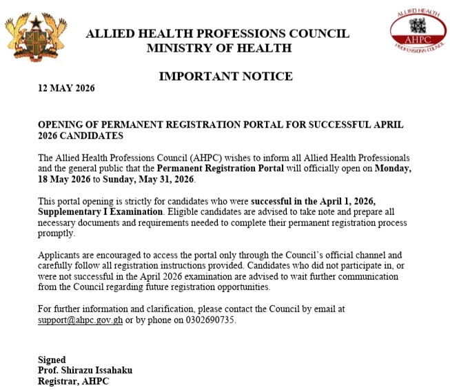 ahpcgh's tweet photo. Kindly read the publication below carefully for information on the opening of the portal for permanent registration. https://t.co/9lmOIfvaHx