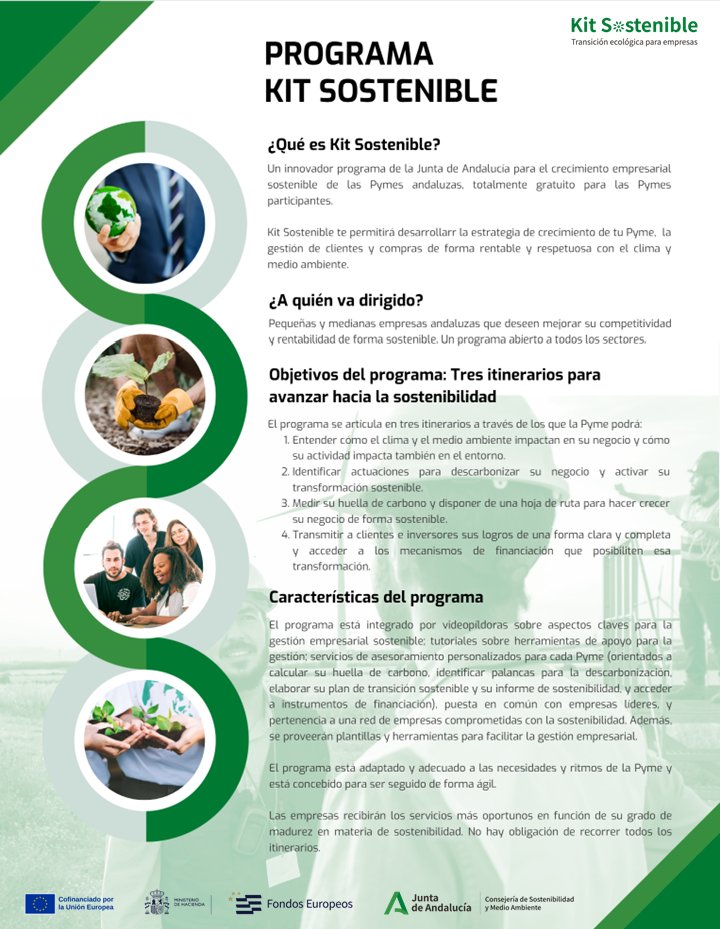 GDR_GUADIX's tweet photo. El 1 de junio comienza la 2ª edición de Kit Sostenible, programa gratuito para pymes andaluzas que quieran avanzar hacia una gestión más sostenible y competitiva.

Inscripciones: https://t.co/whCy41d92c
Consultas: kit.sostenible.csma@juntadeandalucia.es https://t.co/JY3HSQb0LV