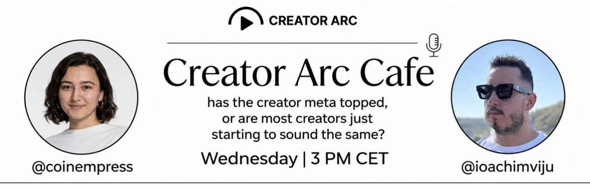 coinempress's tweet photo. everyone is a creator now.

which is great, but also makes you wonder:

has the creator meta topped, or are most creators just starting to sound the same?

today on creator arc cafe we’re talking about what actually makes creators stand out when everyone is posting, building, and trying to be seen.

3pm cet today

set a reminder 

https://t.co/R776LRXx3Y