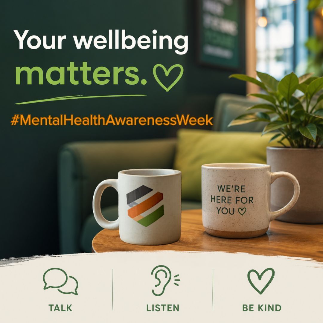 EntrainSpace's tweet photo. At Entrain Space, supporting mental wellbeing isn’t just for one week of the year, it’s at the heart of everything we do. From a friendly chat over a brew to signposting the right support, we’re here for our residents and our veterans community every single day.

This week, be kind to yourself. Whatever you’re carrying, however big or small, your feelings are valid and you deserve support. Reach out, speak up, and remember you are never as alone as you feel.

Talk. Listen. Be kind. 💚 
#EntrainSpace #MentalHealthAwarenessWeek #BeKind