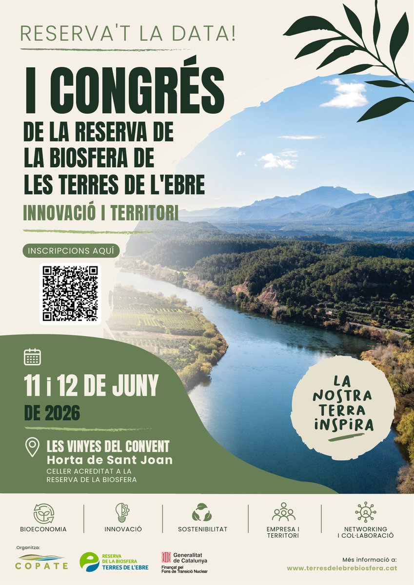 RBTerresEbre's tweet photo. 🌿El COPATE impulsa el I Congrés de la Reserva Biosfera de les Terres de l’Ebre: Innovació i Territori💡
📅11 i 12 de juny
📍Celler Les Vinyes del Convent, Horta de Sant Joan
📝Us podeu inscriure amb el QR o al web https://t.co/f1pbyBQZro 
Més info a: https://t.co/DIX7lo5T6O https://t.co/RpDNqYxlrC