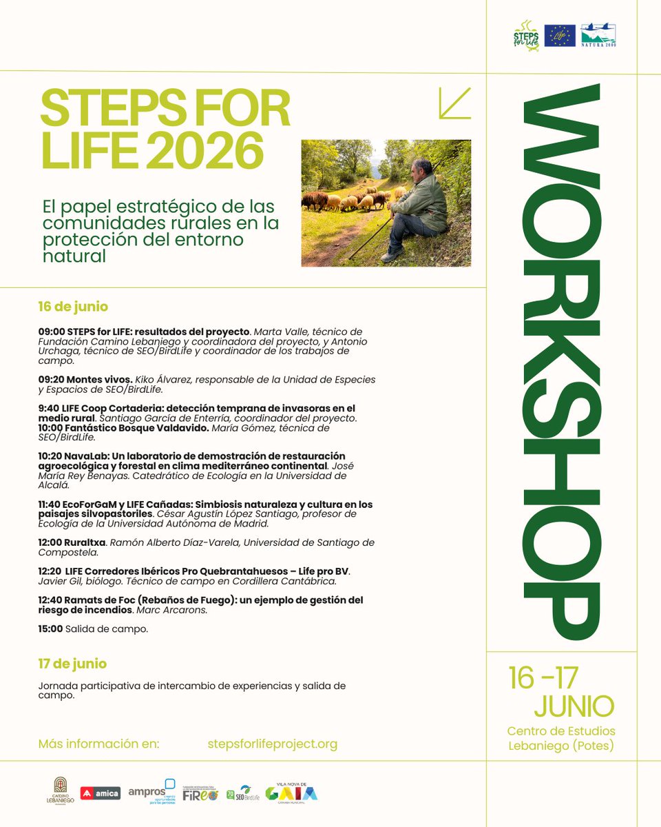 StepsforLIFE2's tweet photo. 🌿📚16–17 junio | Potes
Workshop STEPS for LIFE 2026 sobre biodiversidad, restauración ecológica y el papel de las comunidades rurales en la conservación del territorio.

INSCRIPCIONES: https://t.co/afk85k8Zhp

#StepsForLIFE #Workshop2026 https://t.co/gq7OnfV4Hp