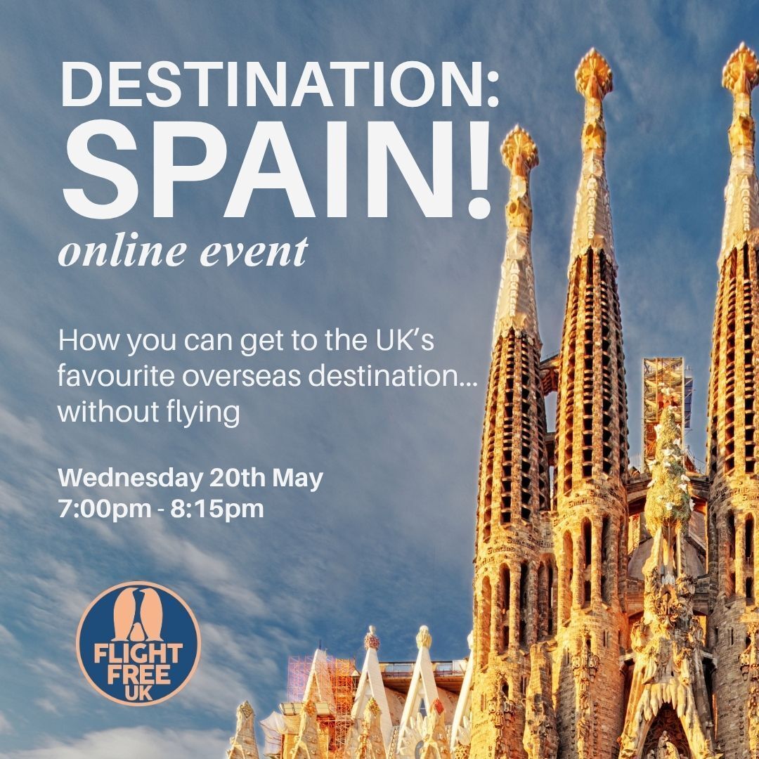 FlightFreeUK's tweet photo. We're going to Spain... without flying, obviously! 'Destination: Spain' is the free online event where we're talking all about how to get to the UK's favourite holiday destination. Join us on Weds 20th May, and grab your free tickets below.

https://t.co/nXSBr6sB8A https://t.co/UzhIi3AzCD