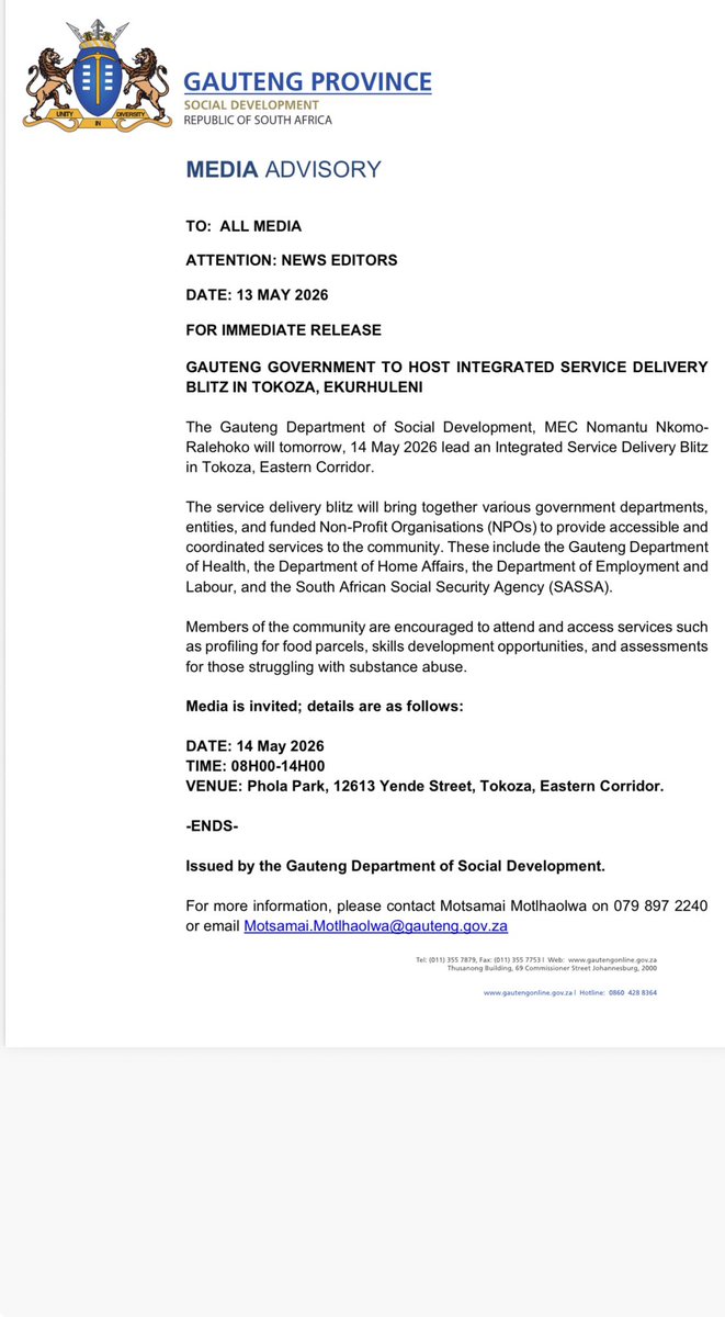 gpgSocDev's tweet photo. #IntegratedServiceDeliveryBlitz | #Tokoza @City_Ekurhuleni
@gpgSocDev MEC @NkomoNomantu willl tomorrow lead the #IntegratedServiceDeliveryBlitz at #Tokoza
@City_Ekurhuleni
#GrowingGautengTogether https://t.co/dV69aPsgDv