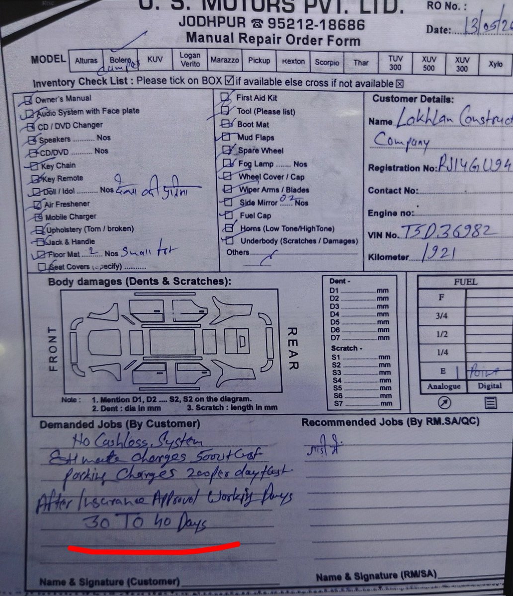 only1vivekc's tweet photo. @MahindraRise @Mahindra_Auto @MahindraBolero 
30-40 Days time for simple work of front glass change and door lock change nothing else. Purchased early this month for business and now have to park at service centre for 30-40 days.
Reason- Parts not available 
Dear @anandmahindra https://t.co/RXC16xqxNp