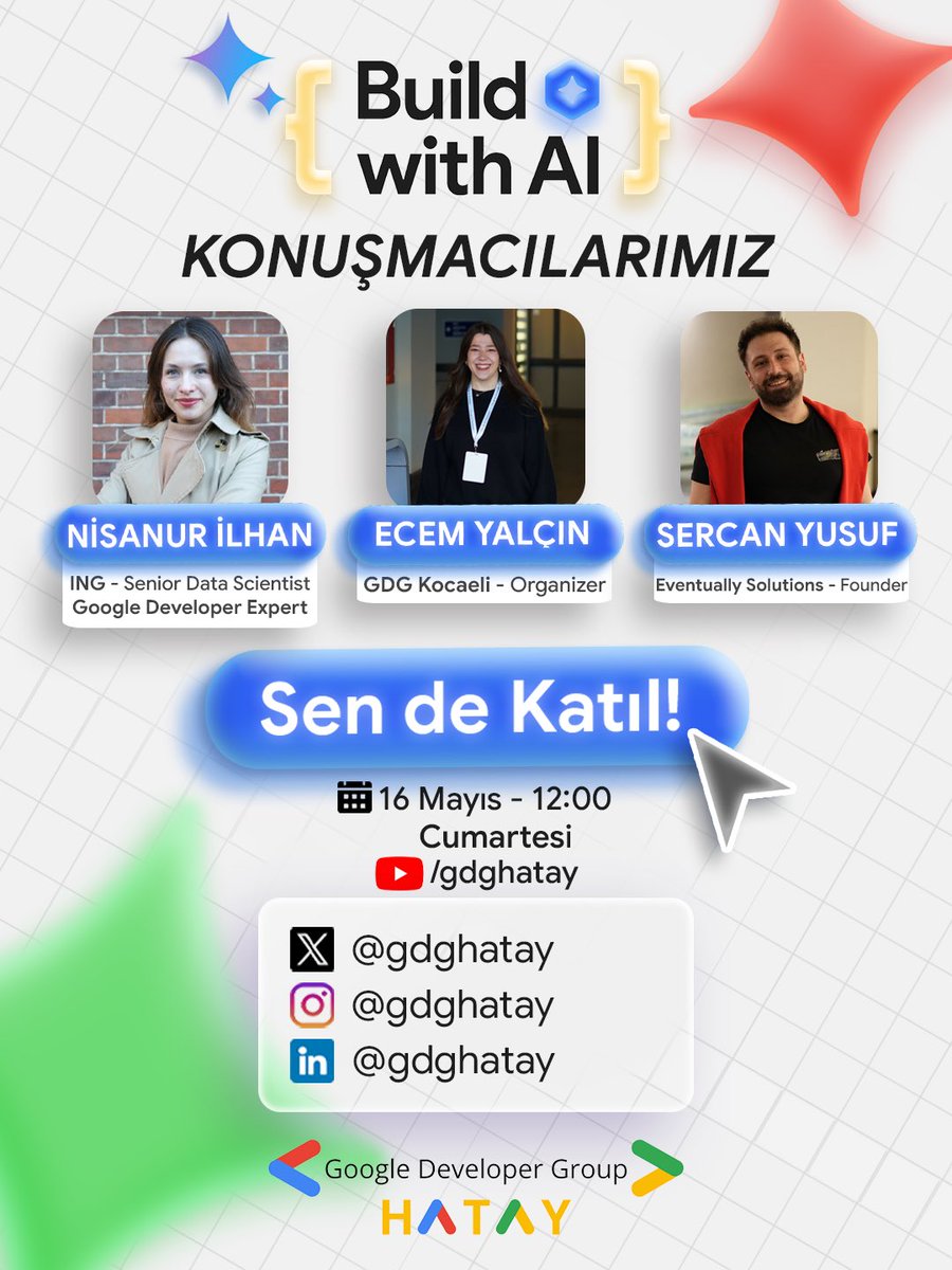 gdghatay's tweet photo. Yapay zekâ dünyasının ilham veren isimleri Build with AI etkinliğinde bir araya geliyor! 🚀
📅 Tarih: 16 Mayıs Cumartesi
⏰ 12:00
📺 Platform: YouTube /gdghatay
#gdghatay #buildwithai #googlefordevs #agenticworkflows #artificialintelligence https://t.co/znv2y2KhzB
