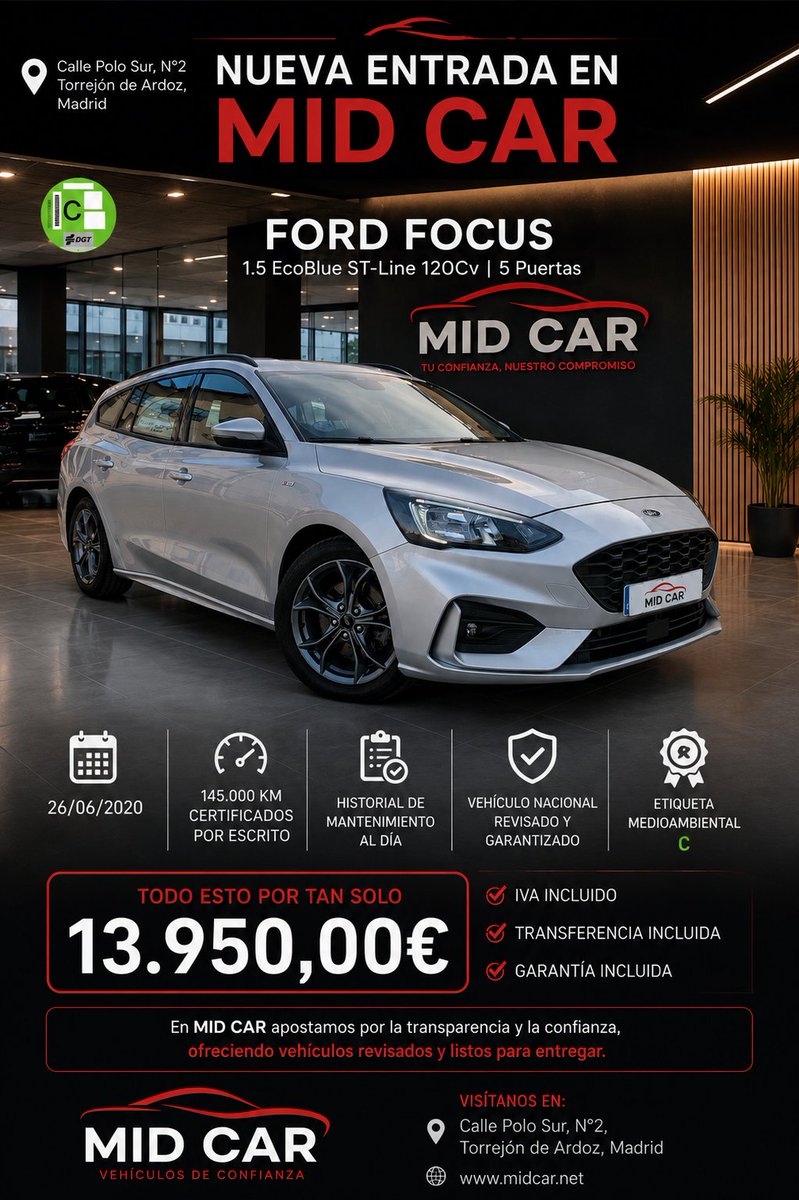 MidcarVehiculos's tweet photo. ✨ NUEVA ENTRADA EN MID CAR ✨

Ford Focus 1.5 EcoBlue ST-Line 120CV, un vehículo con diseño deportivo, consumo eficiente y el equilibrio perfecto entre confort y prestaciones. 🚗💨

📍 Calle Polo Sur Nº2, Torrejón de Ardoz (Madrid)
🌐 https://t.co/Cs9QHqsMy9
#MIDCAR #FordFocus https://t.co/9tkJ1zirwM