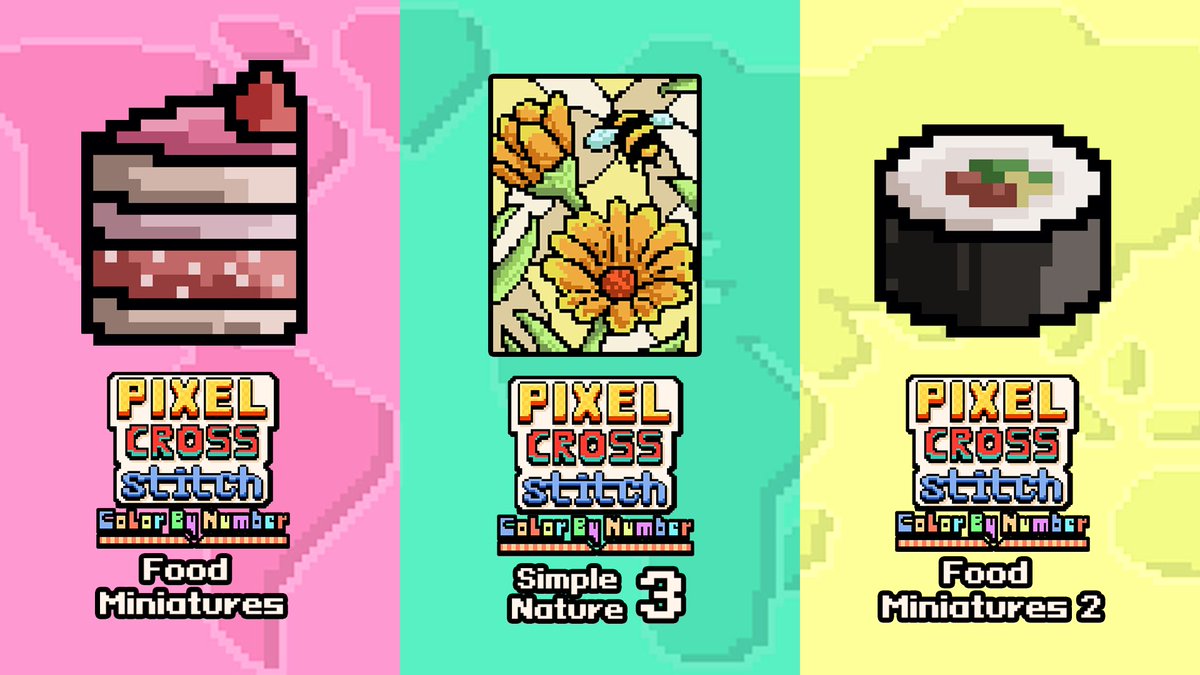 error300com's tweet photo. Pixel Cross Stitch Color by Number brand-new DLCs are finally here! 🎉

Don't forget to claim absolutely delicious and FREE Food Miniatures 🍰, plunge into the delightful enjoyment of fauna and flora with Simple Nature 3 🌺, and watch out - you'll get hungry filling the sheets full of mouthwatering dishes of Food Miniatures 2 🍙.

Happy coloring! 🎨