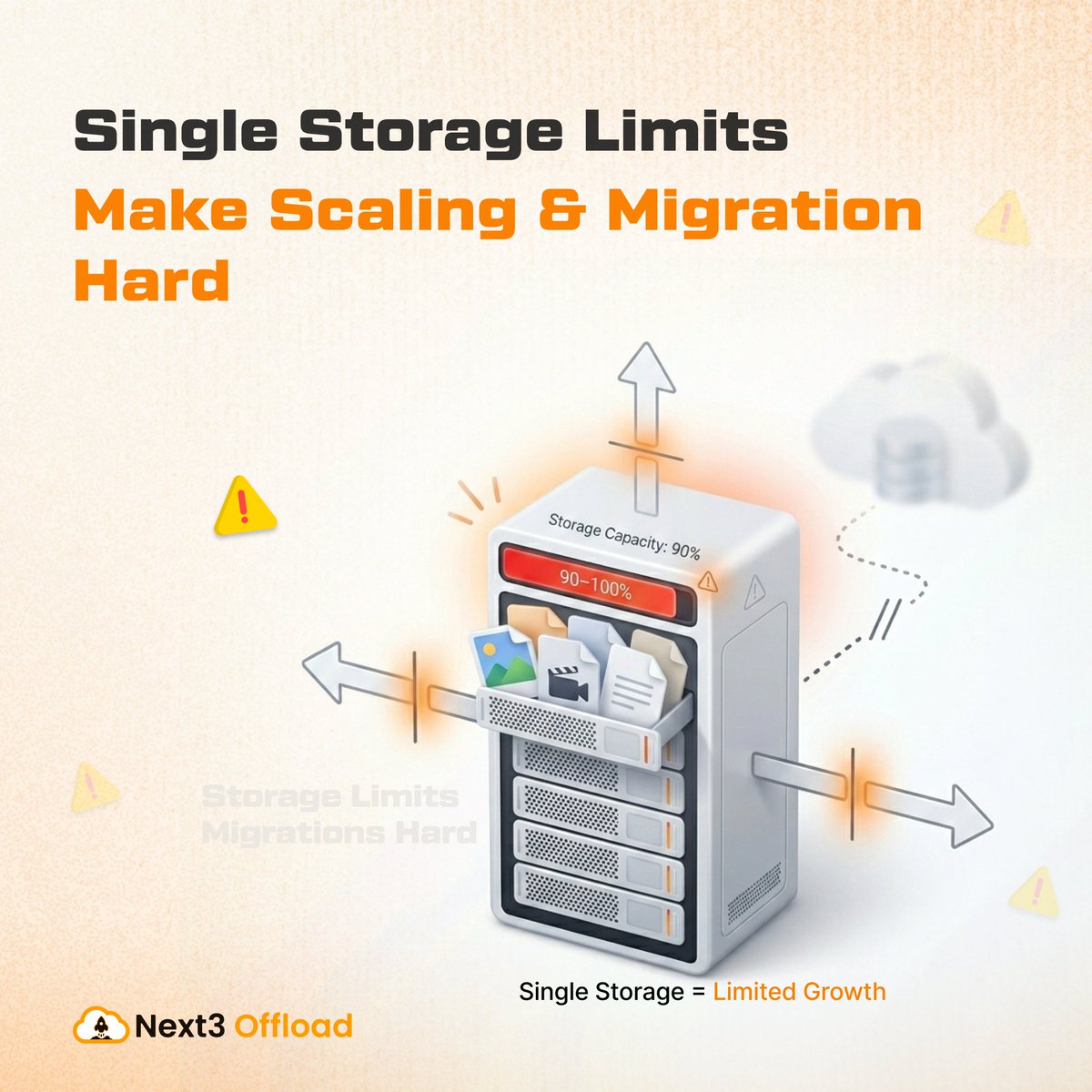 Next3Offload's tweet photo. Single-server storage creates scaling problems ⚠

As your WordPress media library grows:
❌ Storage limits increase
❌ Migration becomes harder
❌ Server pressure rises
Scale smarter with cloud-based media offloading ☁
👉 https://t.co/f836zOivvL

#WordPress #CloudStorage #CDN https://t.co/6K9WbmAjJ9