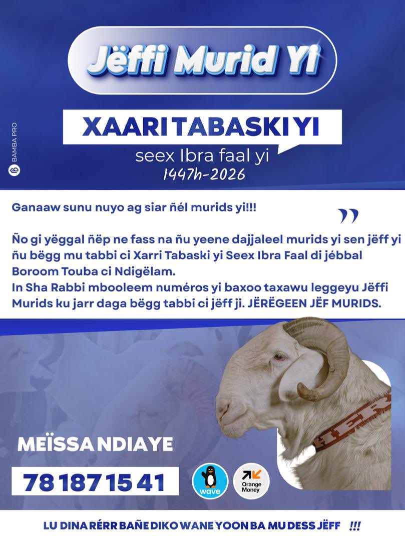NdongoSeexIbra's tweet photo. 🚨🚨🚨Bismillaahiii murids 

Xarri Tëbëski yi Seex Ibra Fall di jébbal Boroom Touba sëriñ da bëgg gën ka yag (au plus tard) bennu fànn ci weeru Tëbëski gi lepp dajje fi mom In Sha Rabbi. Ku bëgg tabbi ci jëff ji via

Wave/Om 78 187 15 41 Meïssa Ndiaye📌 https://t.co/0qK2A19Vb2