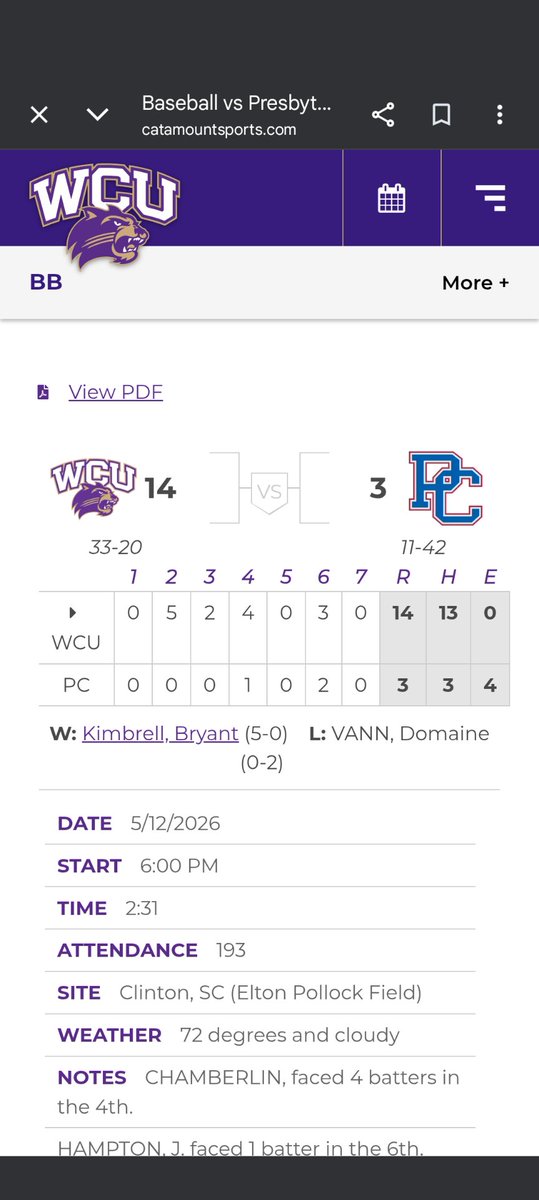 Catatron1889's tweet photo. I know this is a day late, but WHEE WIN!! The Diamond Cats run ruled Presbyterian 14-3 in 7 innings and split the season series with them. Coming off of a rough series against Wake Forest, the Diamond Cats took out all of their frustration on Presby. Go Cats!! https://t.co/kPoYfek1I6