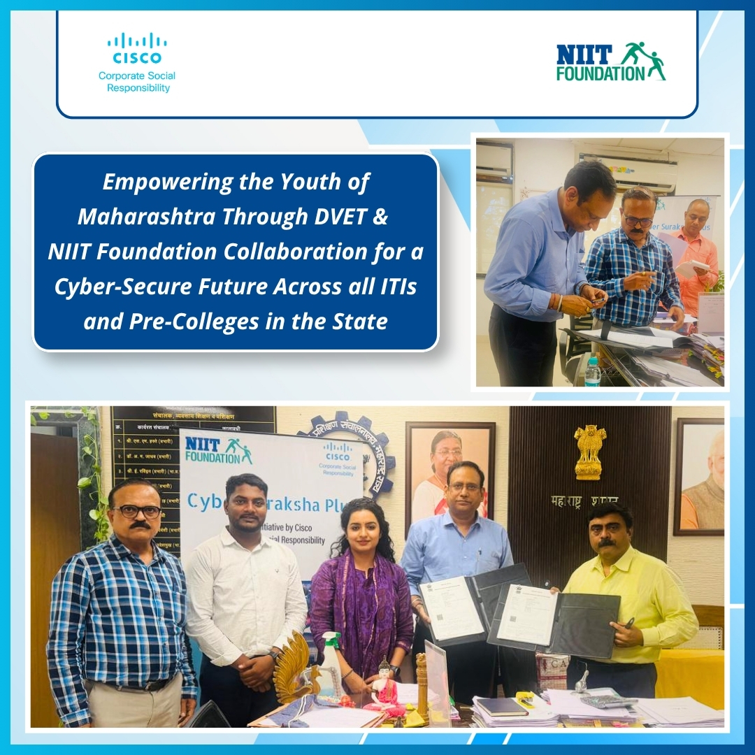 NIIT_Foundation's tweet photo. Strengthening Maharashtra’s future through collaborative skilling! 🤝

NIIT Foundation is proud to sign an MoU with the Directorate of Vocational Education and Training (DVET), Government of Maharashtra, to implement structured Cybersecurity training programs across institutions under DVET Maharashtra. 💻

This collaboration aims to equip youth with industry-aligned skills in emerging technologies through ITIs and Pre-High Schools, creating stronger pathways to employment and future-ready careers.

By combining DVET Maharashtra’s extensive reach with NIIT Foundation’s expertise in tech-enabled skilling, we move one step closer to building a skilled and future-ready Maharashtra. ✨

We express our sincere gratitude to Shri Satish Suryavanshi, Director, DVET Maharashtra, and Shri Shyam Ambalkar, Assistant Director, DVET Maharashtra, for their continued support and trust.

#NIITFoundation #DVET #GovernmentOfMaharashtra #Cybersecurity #SkillDevelopment #FutureReady #YouthEmpowerment #VocationalEducation #DigitalSkills #PartnershipForImpact