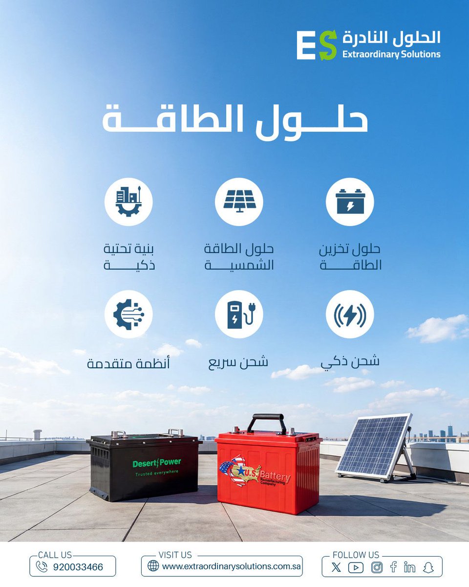 ExtraOrdinaryC0's tweet photo. حلول الطاقة... منظومة متكاملة ⚡
في الحلول النادرة، نقدّم باقة شاملة من حلول الطاقة المصمّمة لتلبية احتياجاتك بكفاءة واستدامة:

🏗️ بنية تحتية ذكية — أساس متين لمنشآت المستقبل
☀️ حلول الطاقة الشمسية — طاقة نظيفة لشحن عربات الجولف
🔋 حلول تخزين الطاقة — استمرارية دون انقطاع
⚙️ أنظمة متقدمة — تقنيات بمعايير عالمية
⚡ شحن سريع — كفاءة في كل دقيقة
📲 شحن ذكي — تحكم كامل بين يديك
حلول استثنائية... لاحتياجات استثنائية ✨

📞 920033466
🌐 https://t.co/7QIEGnSsGf
#الحلول_النادرة #حلول_الطاقة #ExtraordinarySolutions #رؤية_2030